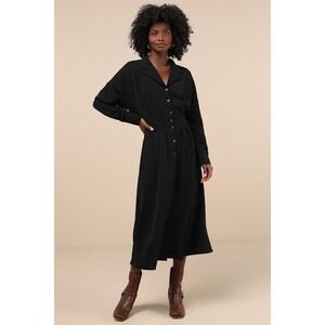 NWT Lulus Timeless Class Black Collared Button-up Pleated Midi Dress - Size S